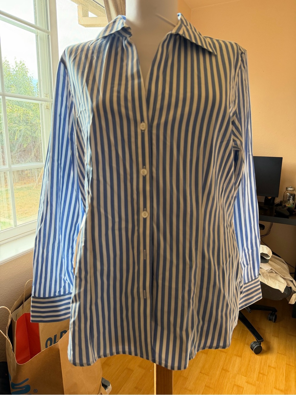 Foxcroft Blue and White Vertical Stripe Button-Down Shirt